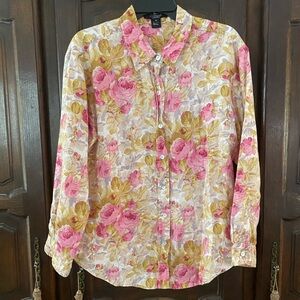 Karen Kane linen cabbage rose floral button front blouse M bust apx 22 romantic